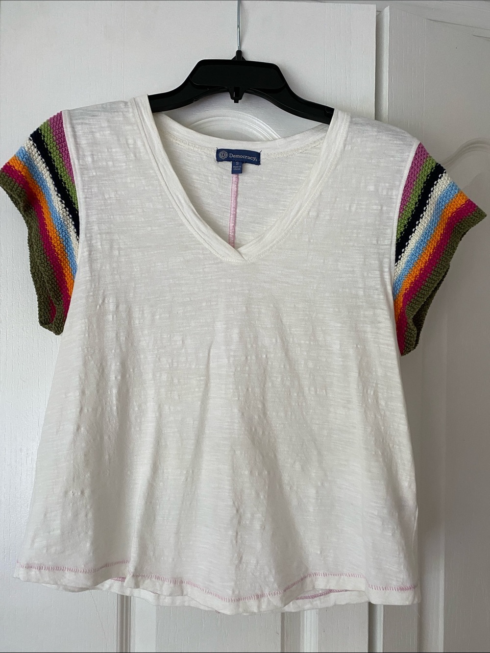 Democracy White V-Neck Tee with Rainbow Stripe Knit Sleeves